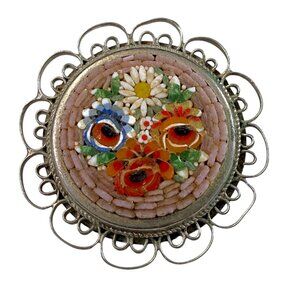 Italian Mosaic Brooch Pink Floral Micromosaic Pin Made in Italy Silvertone